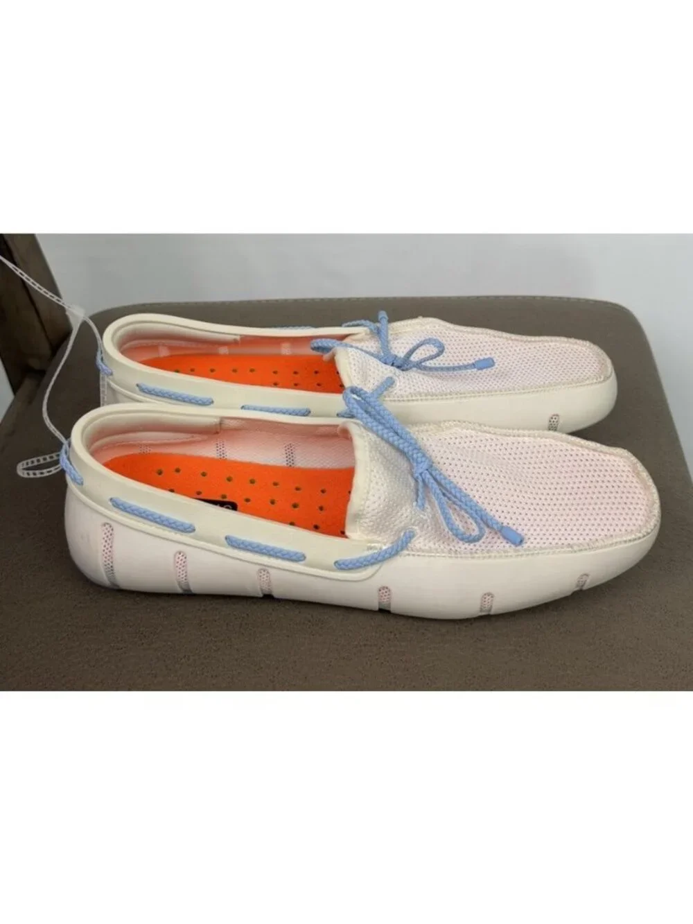 Swims Men's White Mesh Boat Shoes with Light Blue Laces and Orange Insoles